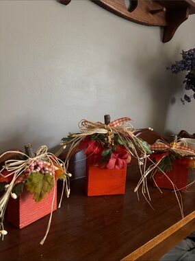 Homemade Rustic Orange Wooden Pumpkin Blocks with Autumn Accents - Set of 2